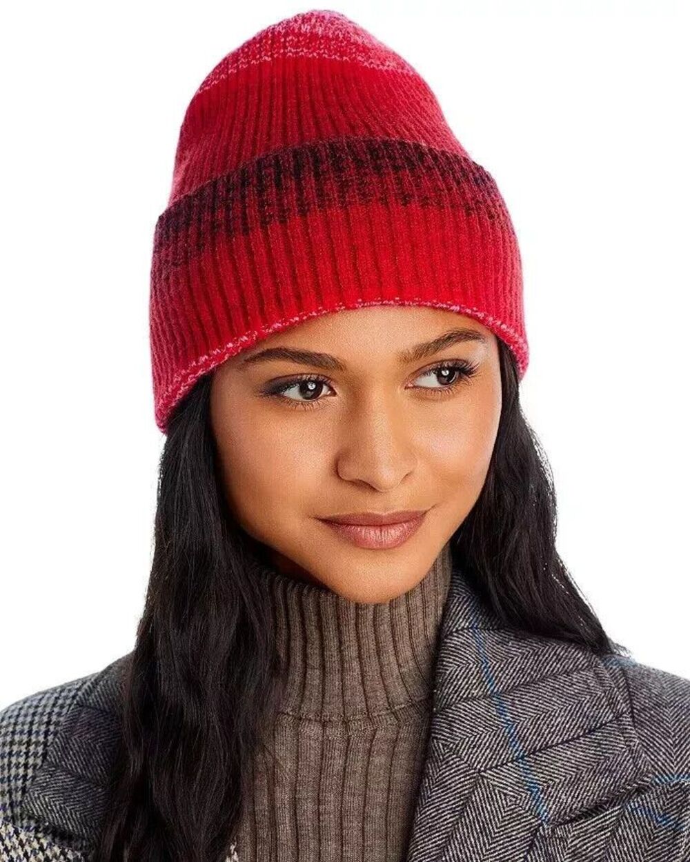 AQUA Beanie Hat Womens Red Ombre Stripe Ribbed Cuff Stretch $68